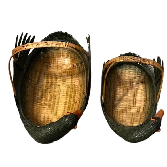 Set of 2 Vintage Large And Small Zhejiang Wicker Rattan Duck Mallard Goose - Picture 3 of 11